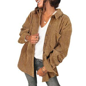 Oversized Corduroy Shacket Long Sleeve Button Down V Neck Top